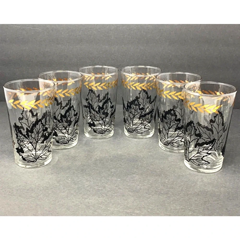 VTG Federal Glass Black Oak Leaf Gold Laurel Tumblers Set 6 MCM Drinking Glasses